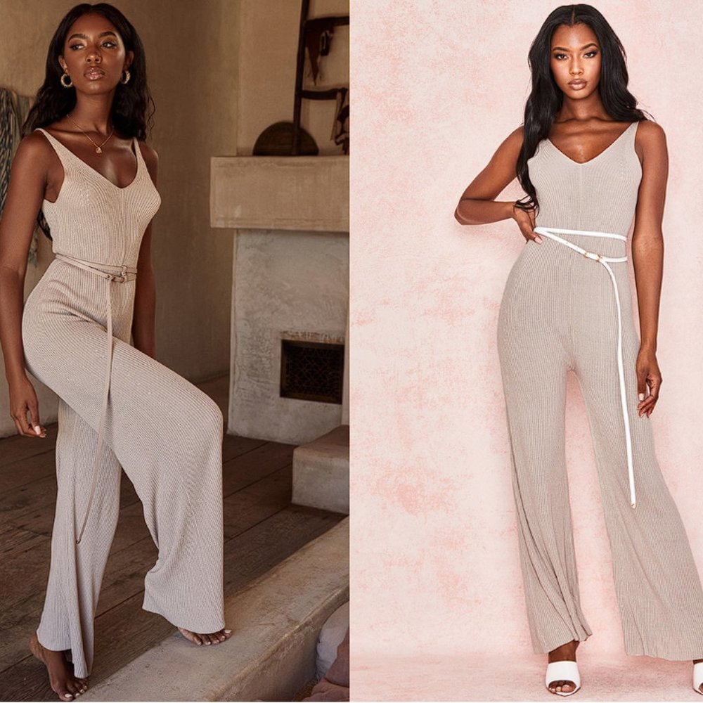 House of CB 'Evana' Stone Ribbed Knit Jumpsuit NWT